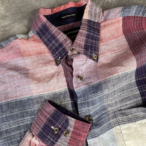 Paul Fredrick Linen Shirt Mens Medium Red Blue Plaid Button Down Long Sleeve - Picture 1 of 8